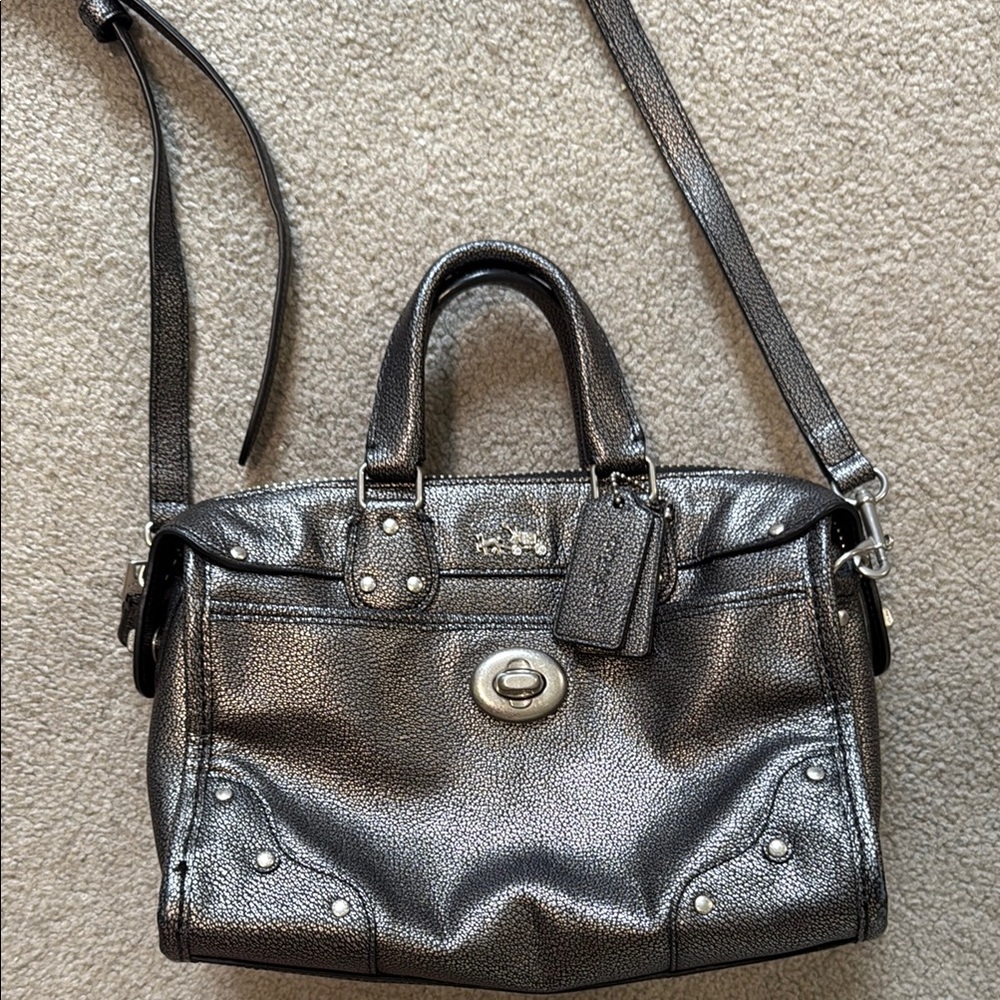 Vintage Coach Gunmetal Leather Satchel with Silver Hardware